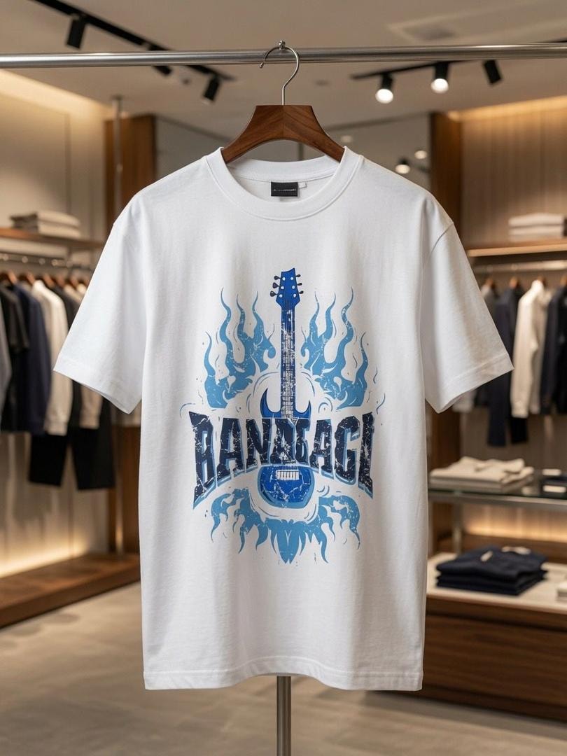 White t-shirt with blue guitar flame BANDGAGA print.