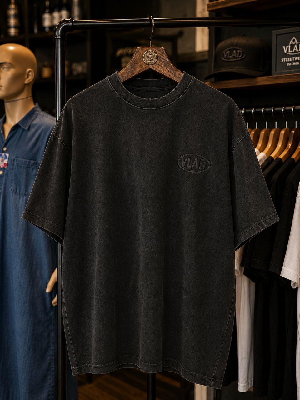 Black washed t-shirt with VLAD logo on the chest.