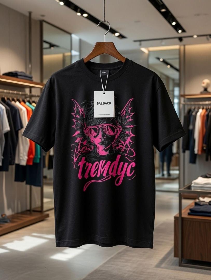 Black t-shirt with pink trendyc graphic print on front.