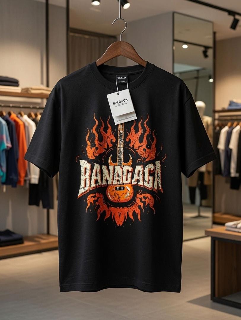 Black t-shirt with orange guitar and flame BANDGAGA graphic.
