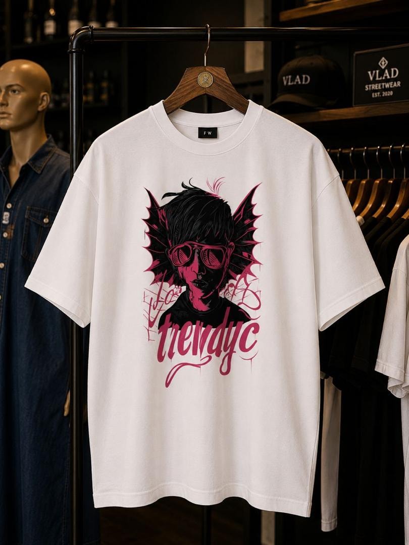 White t-shirt with pink and black trendyc graphic of a figure with sunglasses.