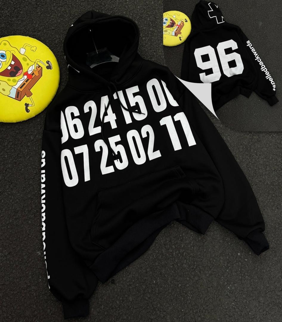 Black graphic hoodie displayed flat with white numeric print and back details.