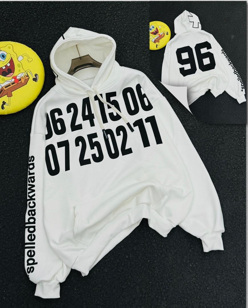 White graphic hoodie shown flat with front numeric print and back 96 view.