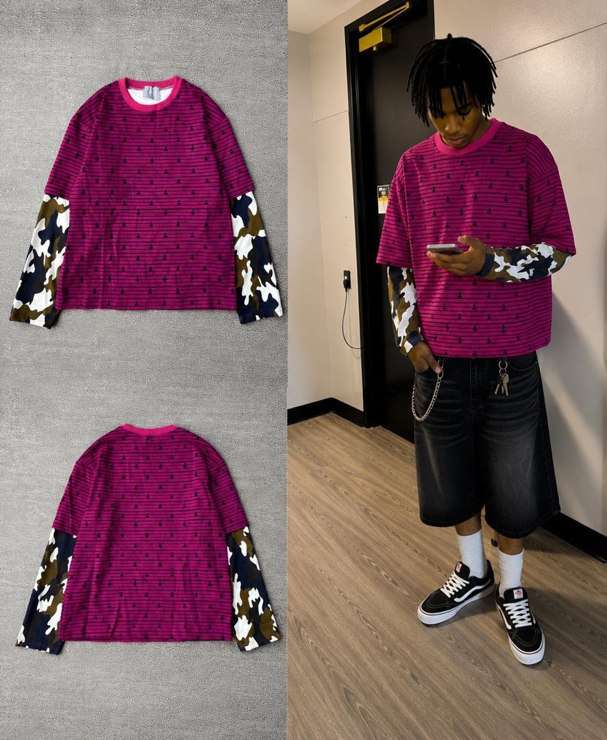 Pink striped anchor long sleeve t-shirt with camo sleeves in flat lay and on model.