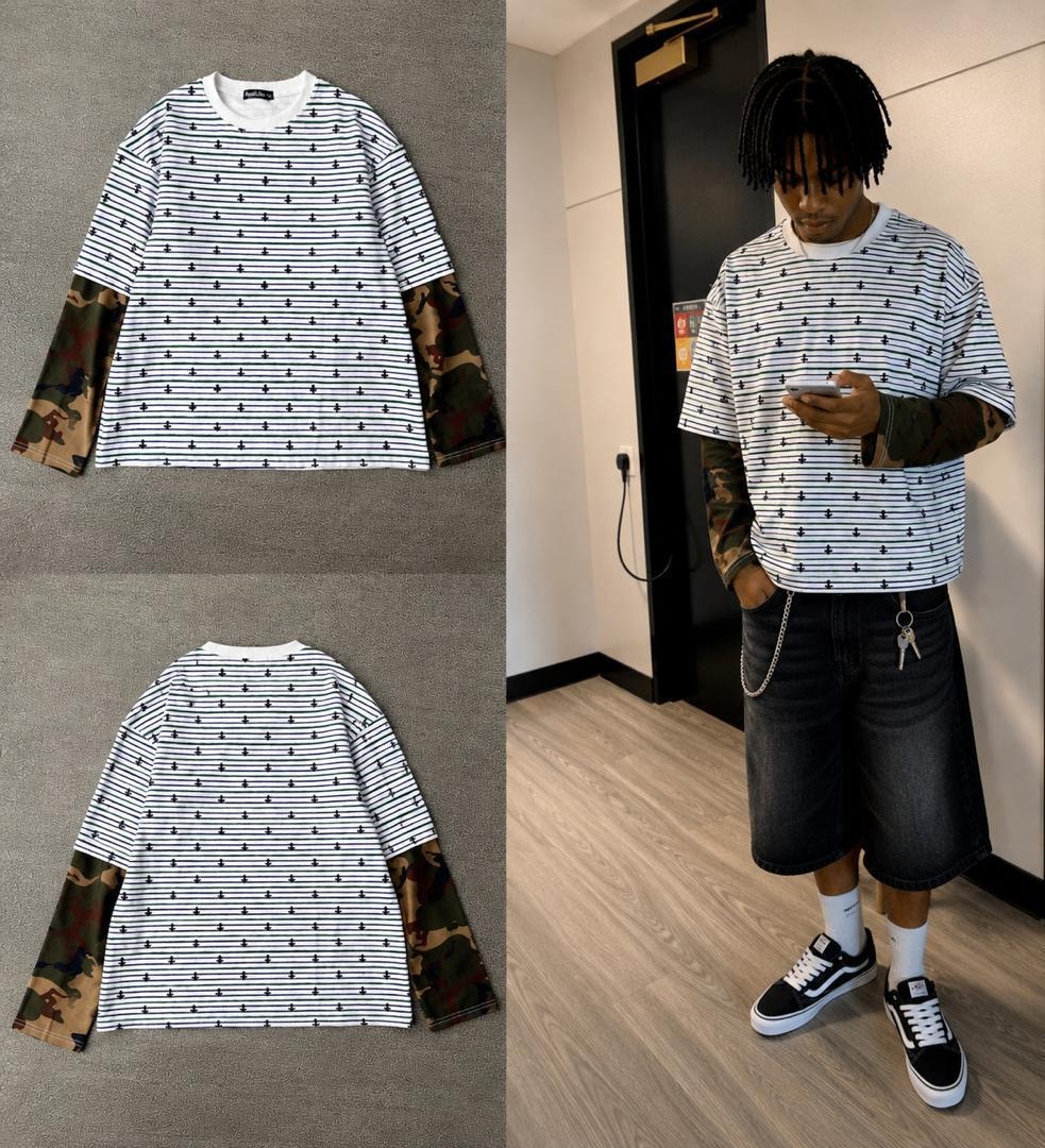 White striped anchor long sleeve t-shirt with camo sleeves in flat lay and on model.