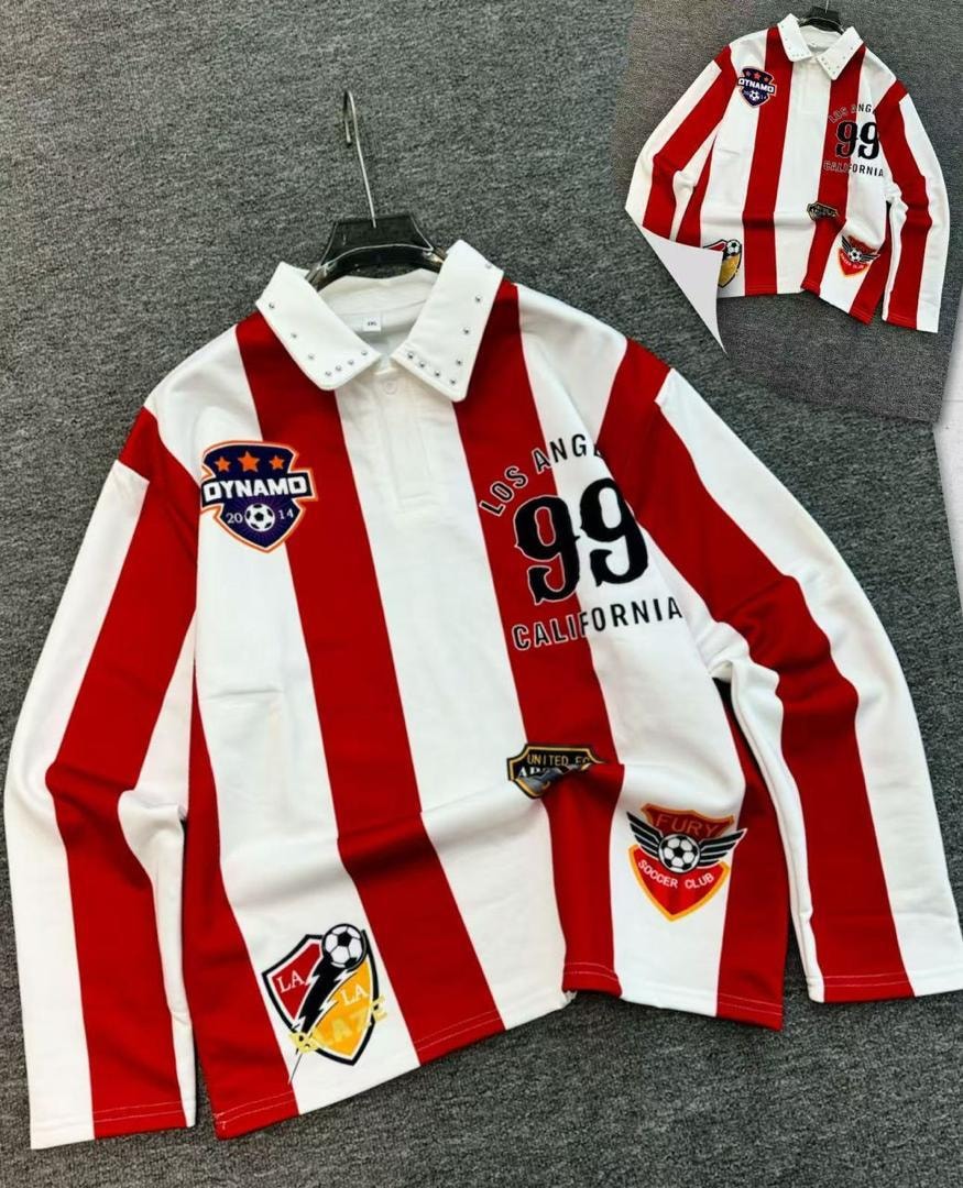 Red and white striped long-sleeve polo shirt with soccer patches and studded collar.