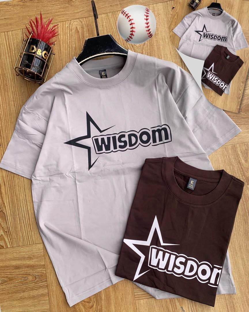 Gray and brown Wisdom star graphic t-shirts with props.