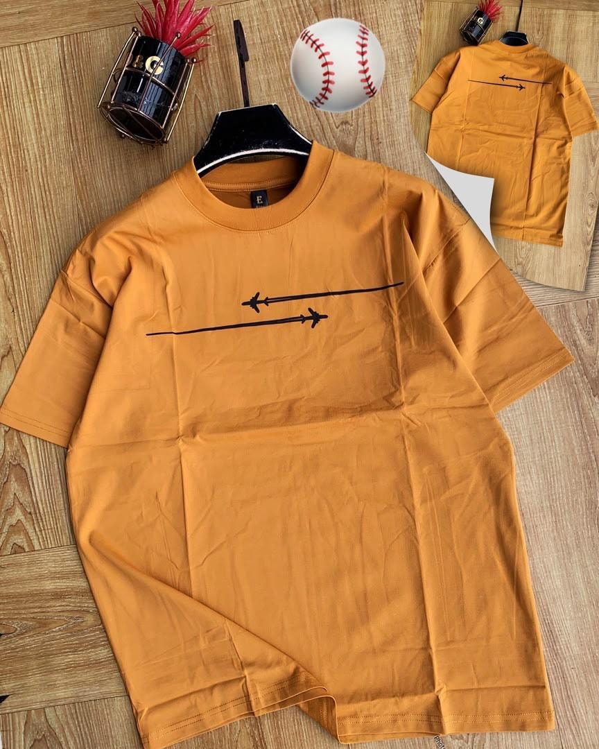 Orange airplane trail t-shirt on hanger showing back inset.