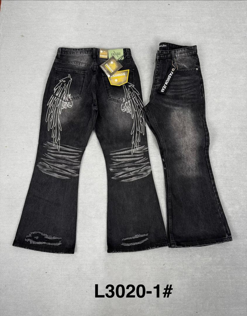 Black jeans with white wing designs on back pockets, rips and tags, shown from back and side.