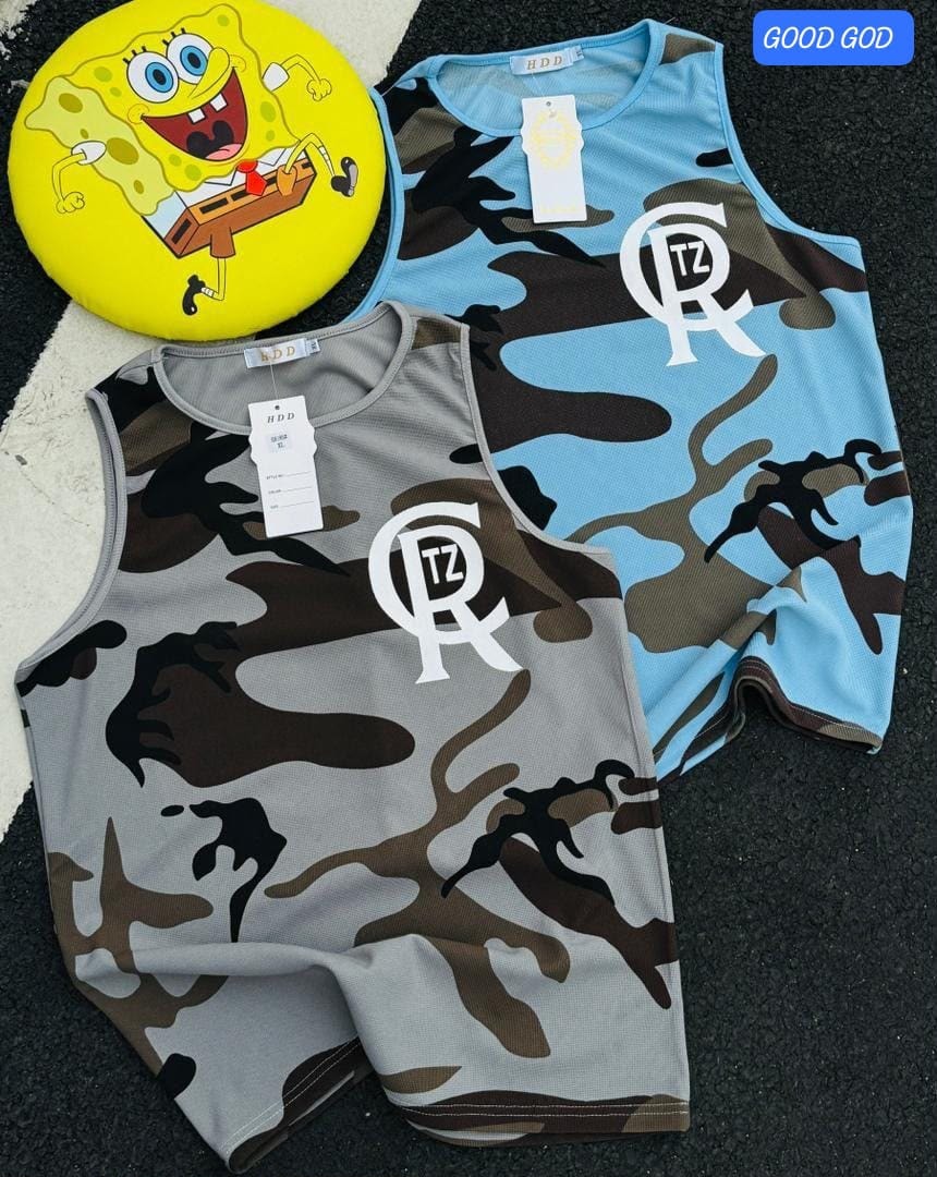 Gray and light blue camouflage tank tops with matching shorts and logo prints.