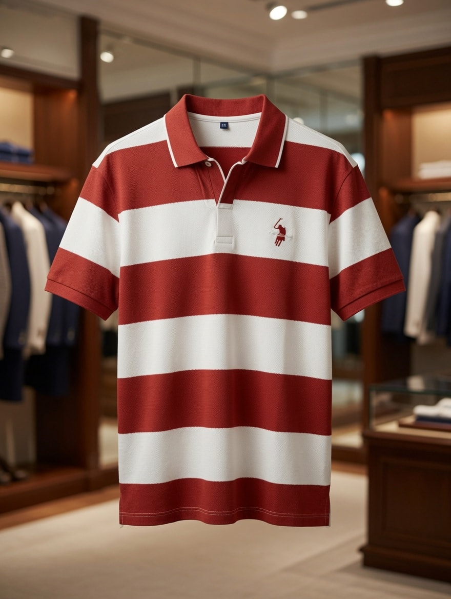 Red and white striped polo shirt with logo hanging in a retail showroom.