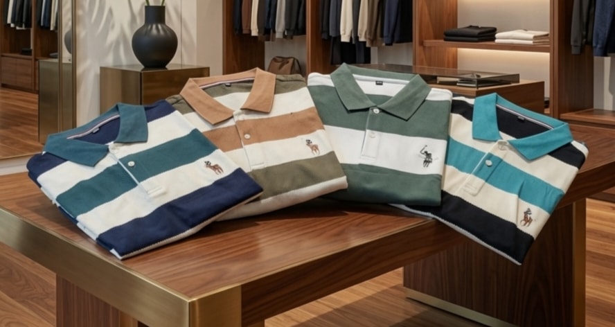 Four folded striped polo shirts in teal, tan, green and turquoise colorways arranged on a wooden table.