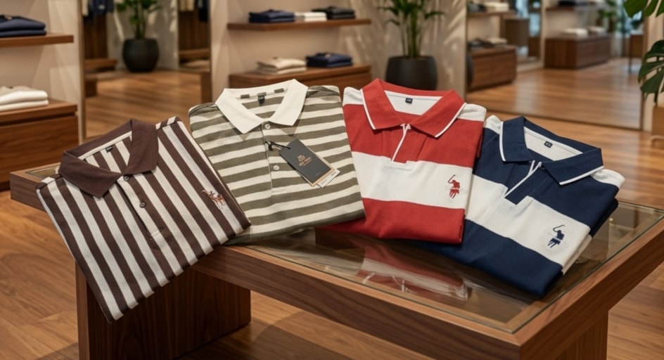 Four folded striped polo shirts in brown, olive, red and navy colorways on a glass display table.