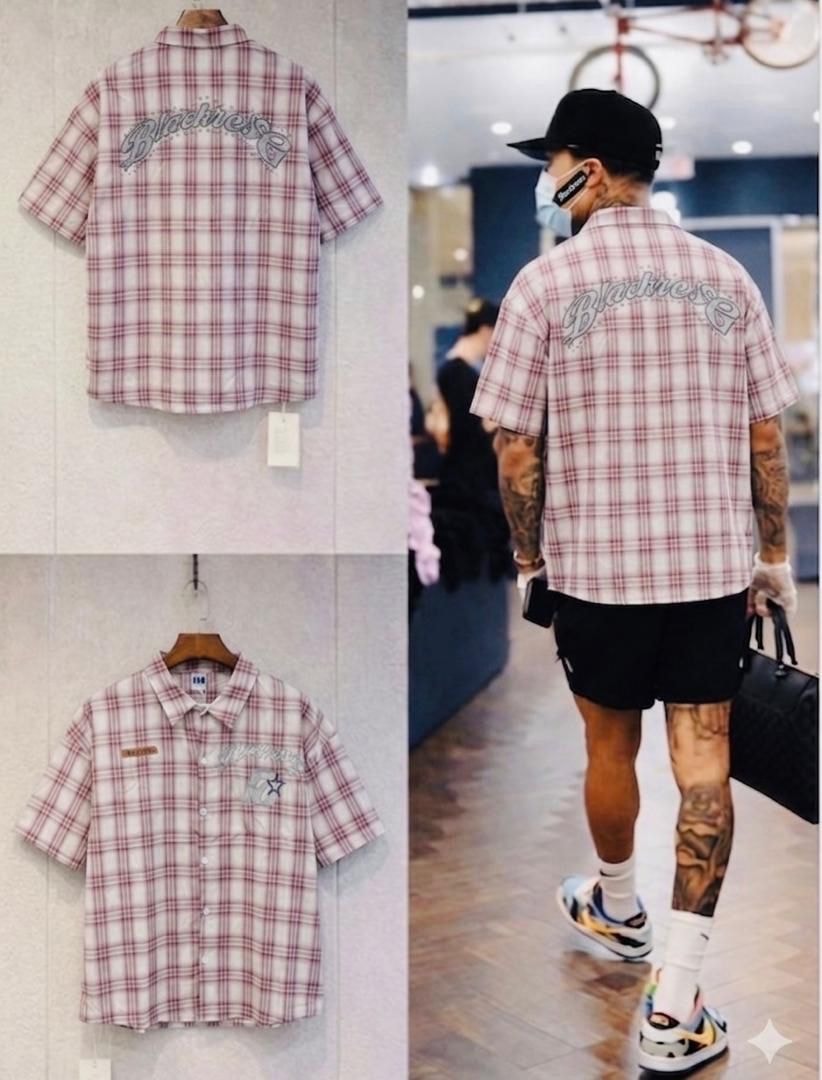 Pink plaid embroidered short sleeve shirt shown on hanger from back and front, plus model wearing it.