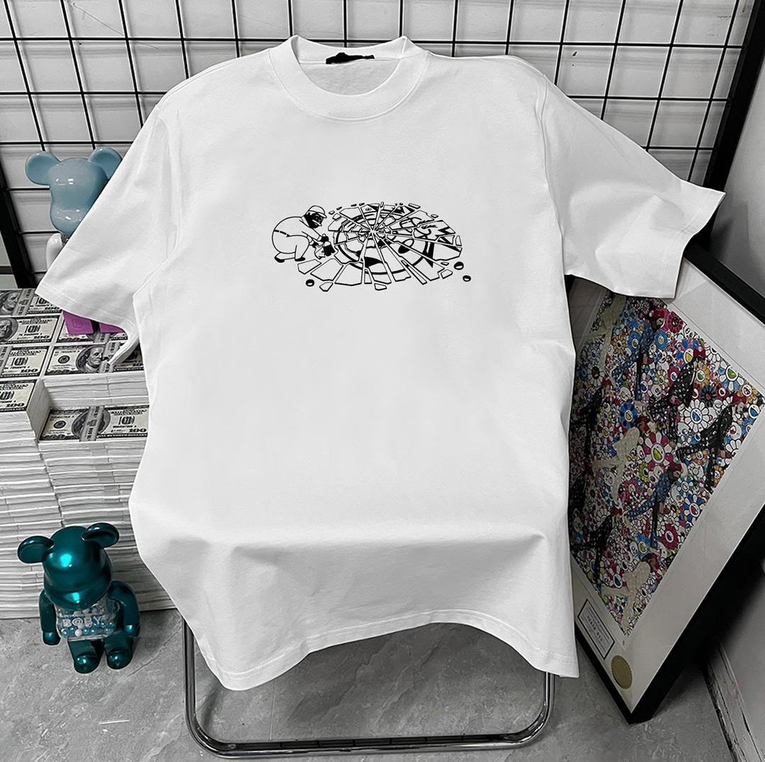 White t-shirt with black shattered wheel graphic on chest.