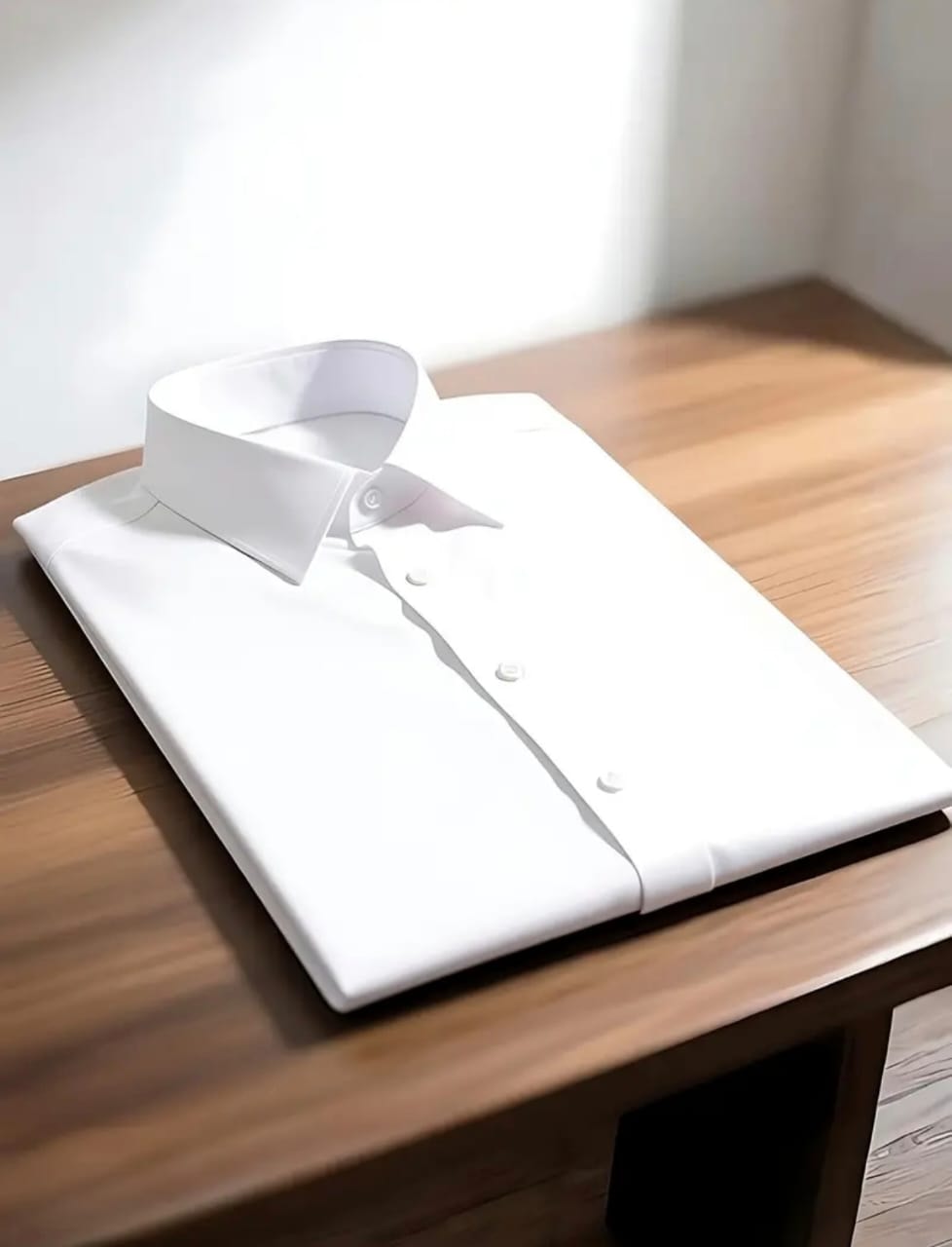White long sleeve dress shirt laid on wooden table.