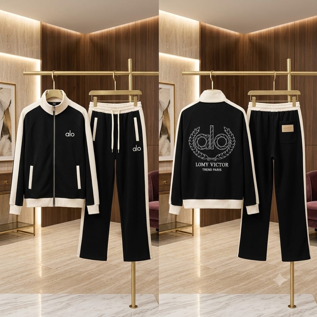 Black track suit set with white contrast panels displayed in front and back views.