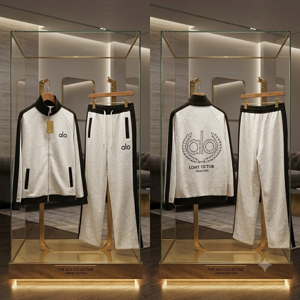 Track suit sets in glass display cases showing light and dark color variations with front and back views.