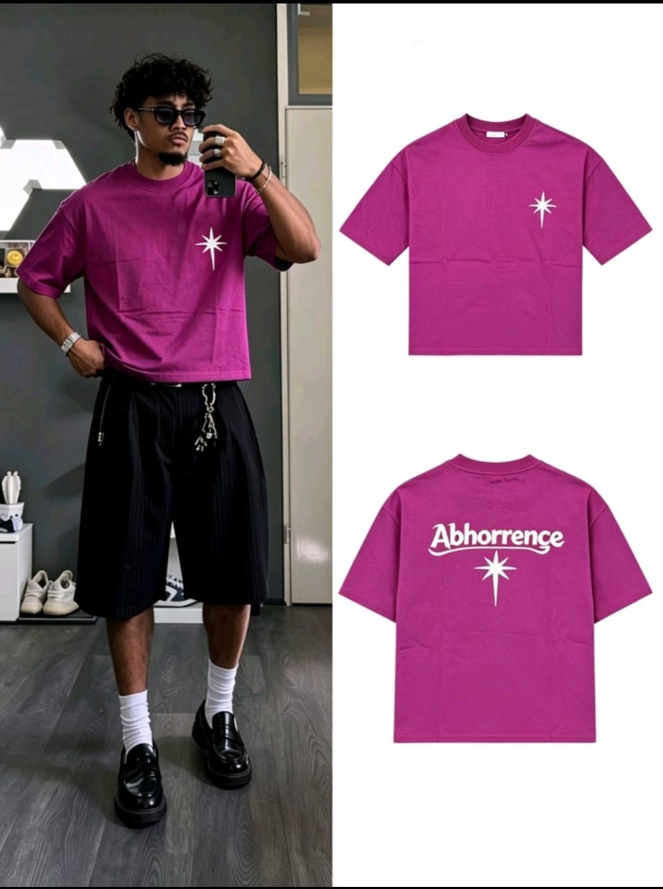 Purple Abhorrence oversized t-shirt with star on chest and back logo.