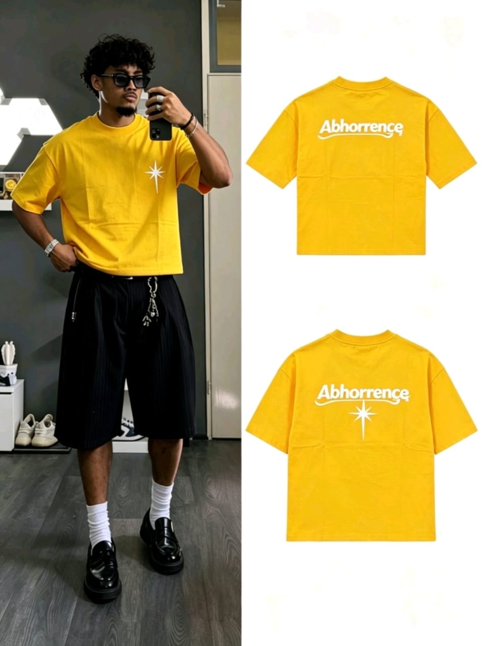 Yellow Abhorrence star graphic t-shirt shown on model and in flat lays.