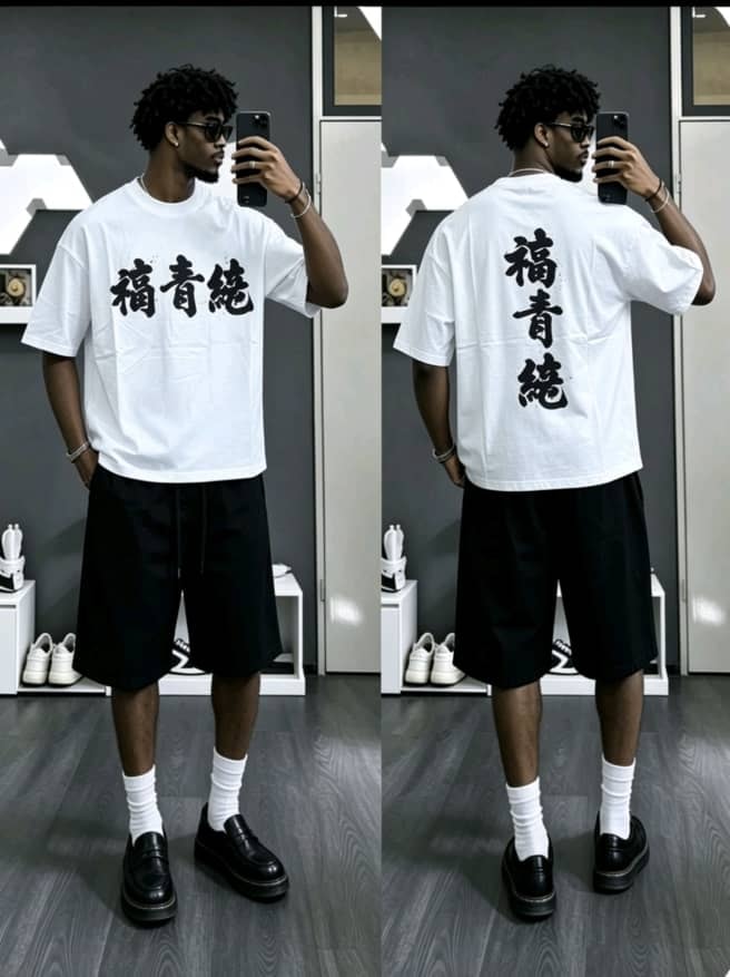 White oversized t-shirt with black Chinese characters on front and back views.