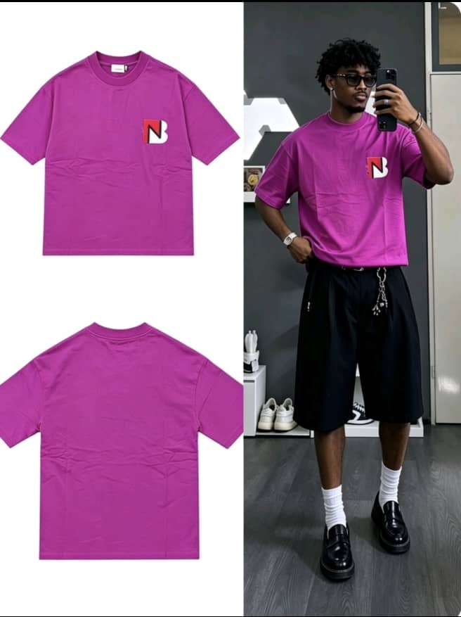 Purple t-shirt with chest logo in flat lay front, back and on model.