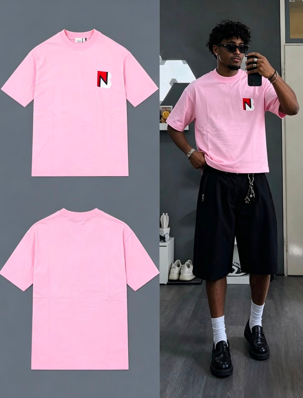 Pink t-shirt with chest logo in flat lay front, back and on model.