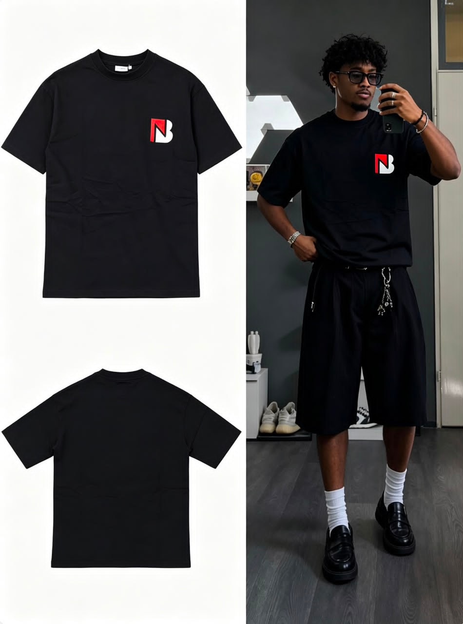 Black t-shirt with chest logo in flat lay front, back and on model.