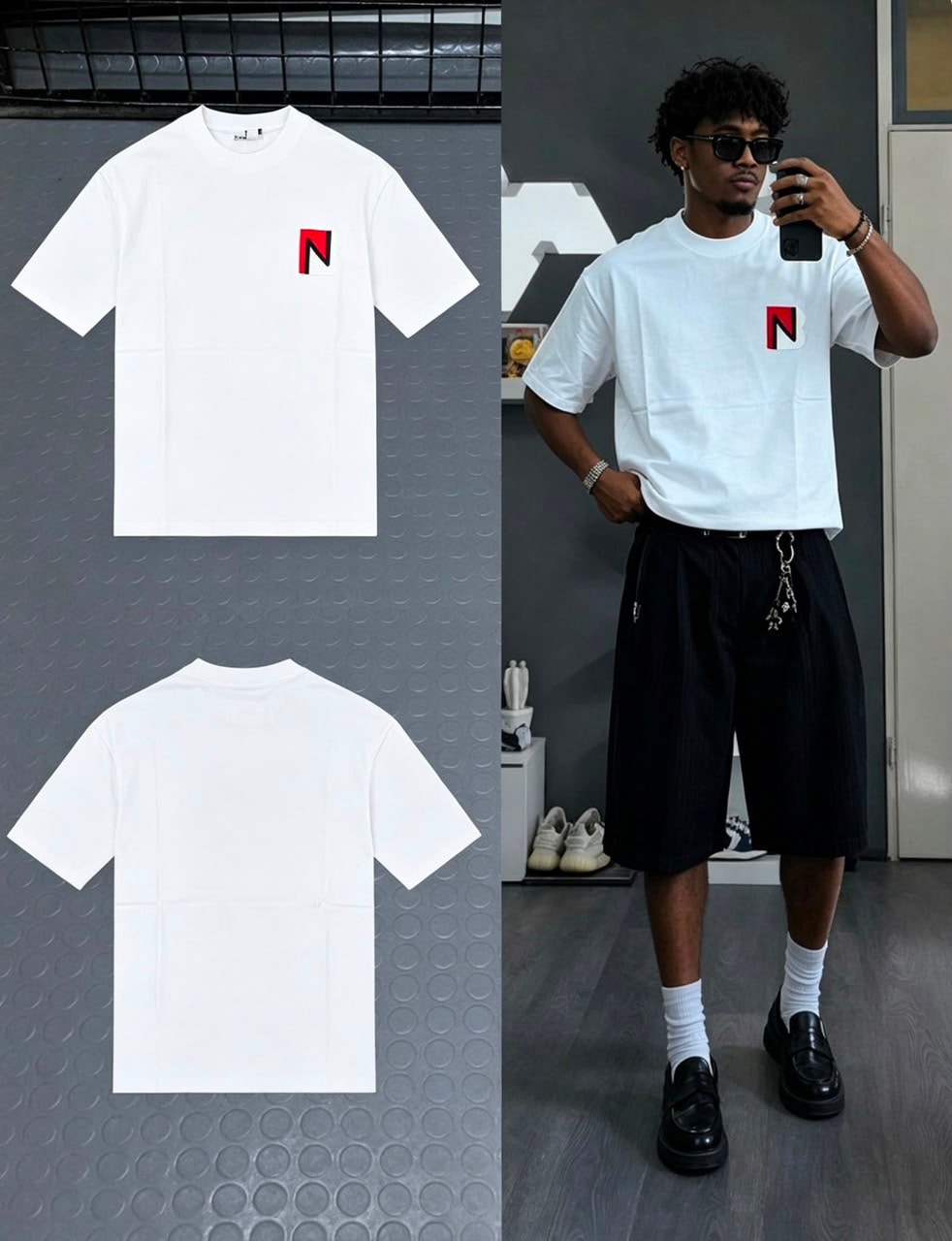 White t-shirt with chest logo in flat lay front, back and on model.