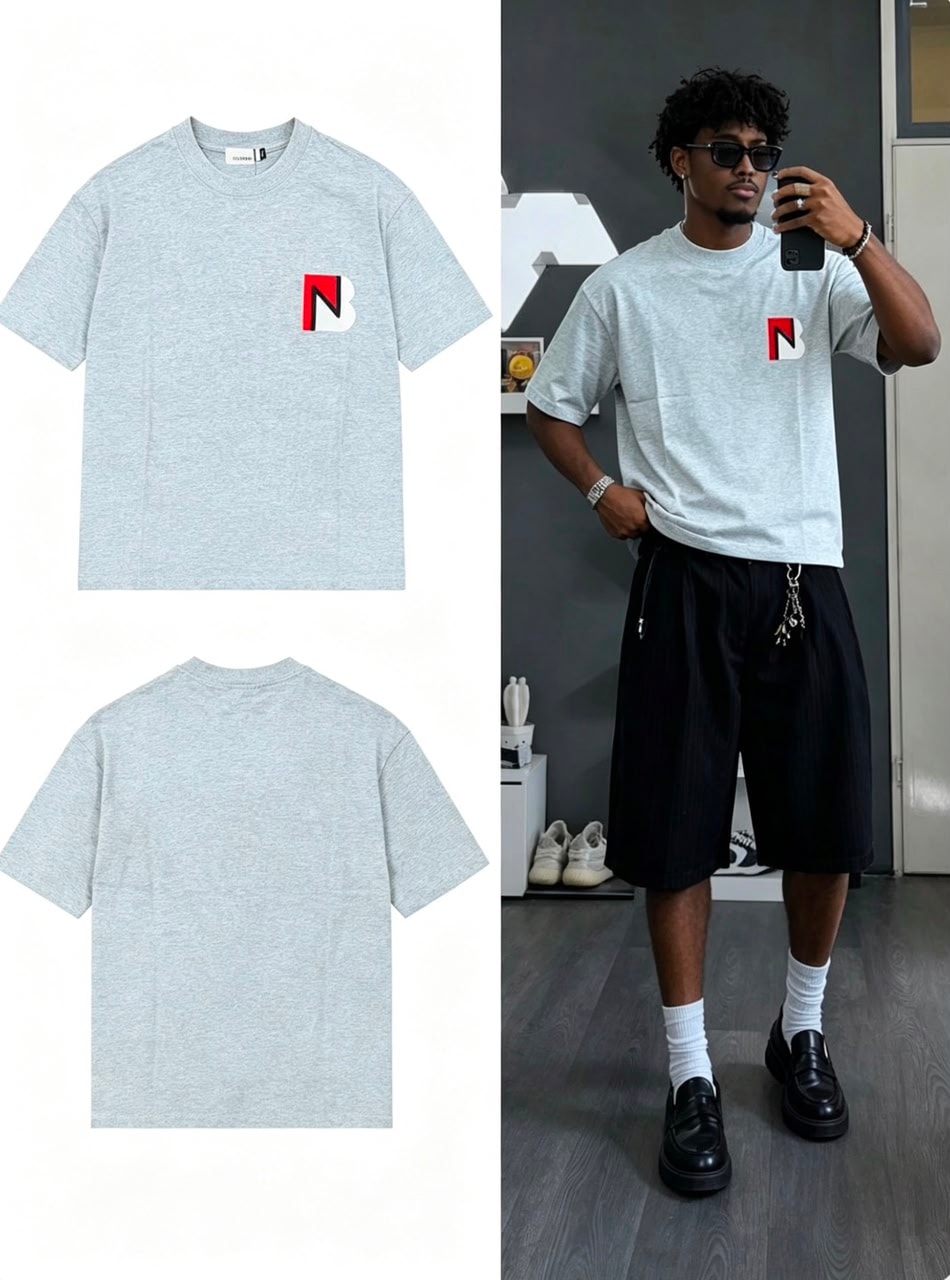Gray t-shirt with chest logo in flat lay front, back and on model.