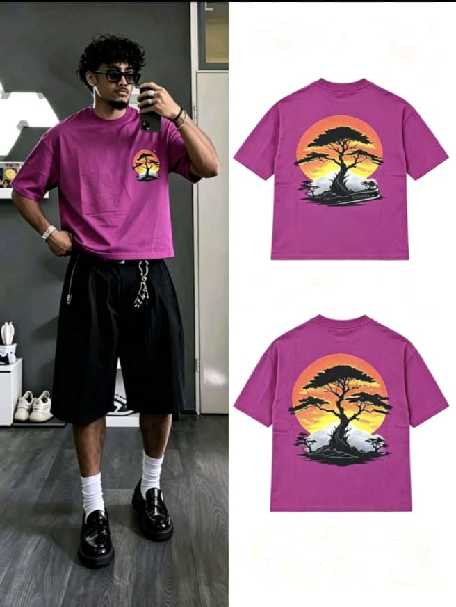 Purple sunset tree graphic t-shirt shown on model and flat lay views of front and back.