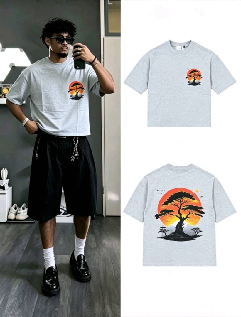 Gray sunset tree graphic t-shirt shown on model and flat lay views of front and back.