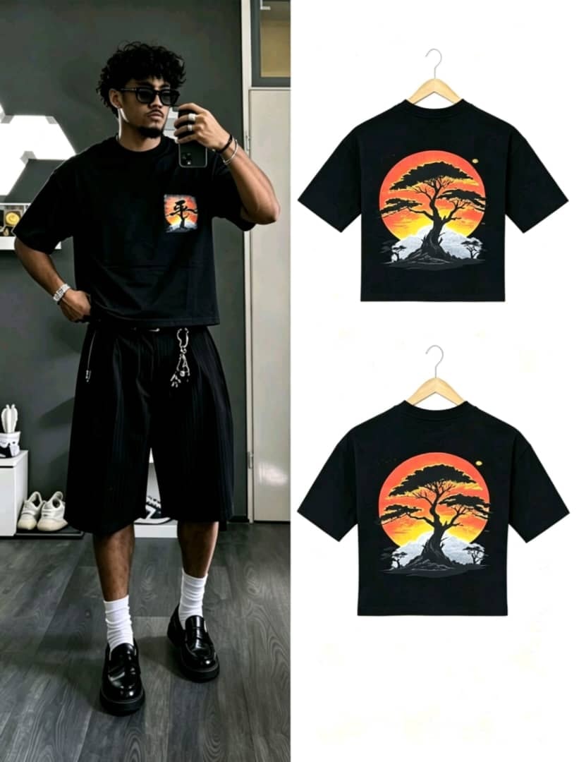 Black sunset tree graphic t-shirt shown on model and flat lay views of front and back.