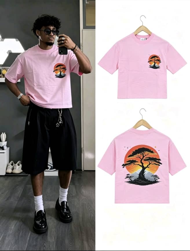Pink sunset tree graphic t-shirt shown on model and flat lay views of front and back.