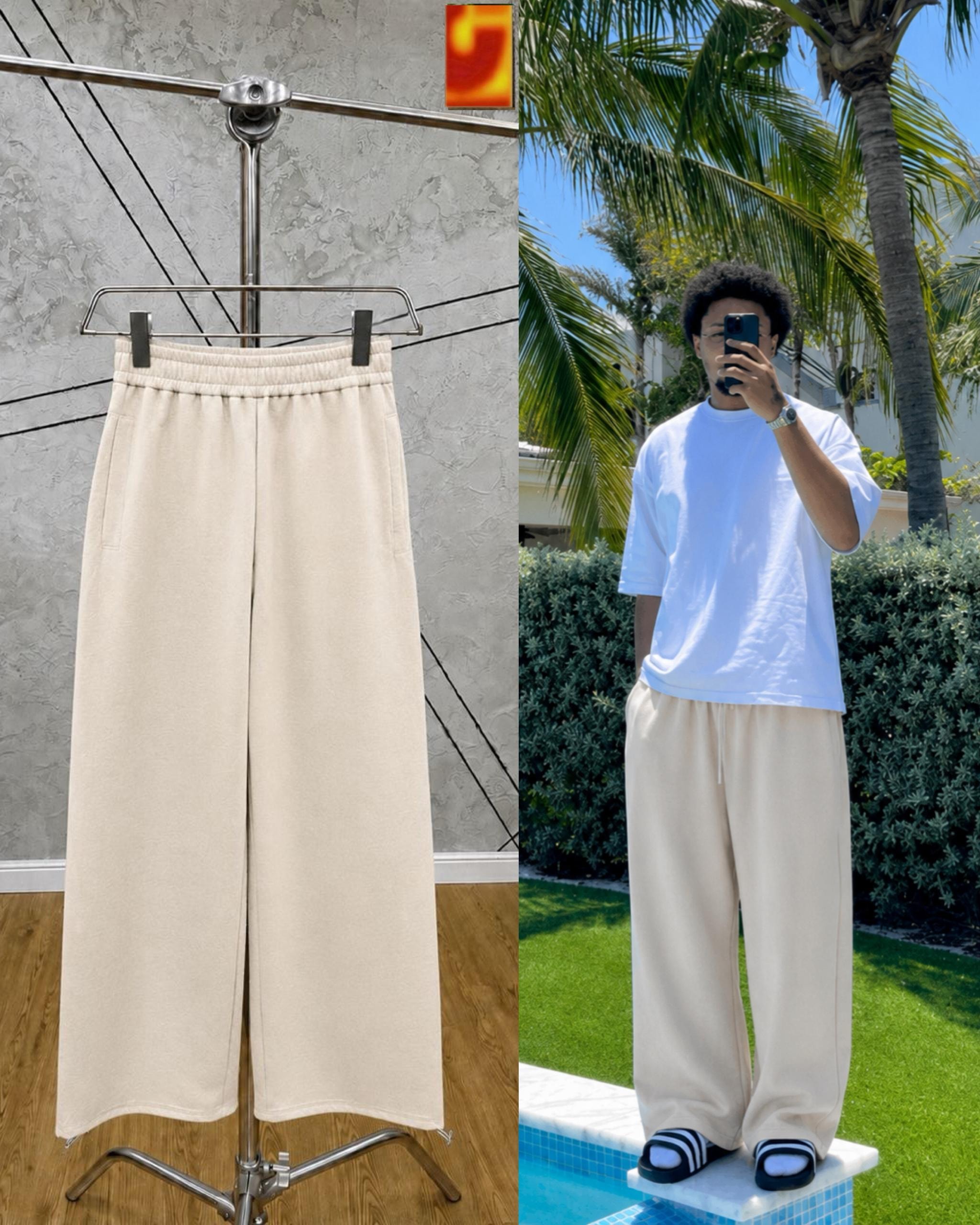 Cream wide-leg joggers on metal hanger and model wearing by poolside.