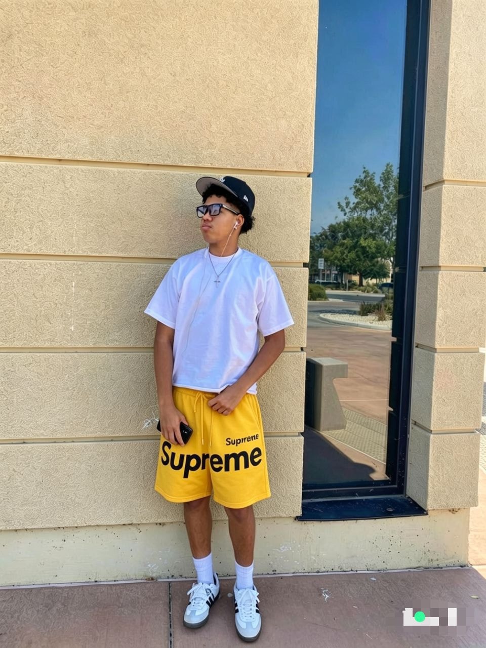 Model wearing yellow Supreme logo fleece shorts with white tee, cap and sneakers.