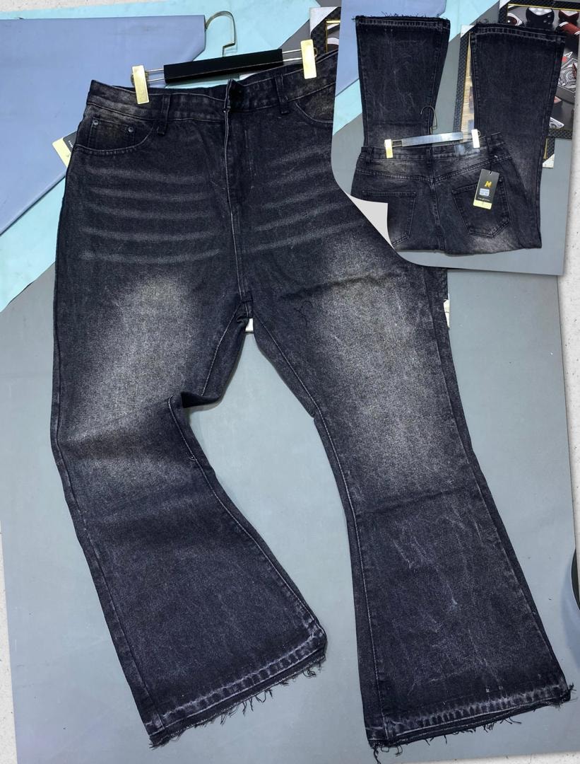 Black flared jeans with horizontal fades and frayed hem, flat lay with back view insets.
