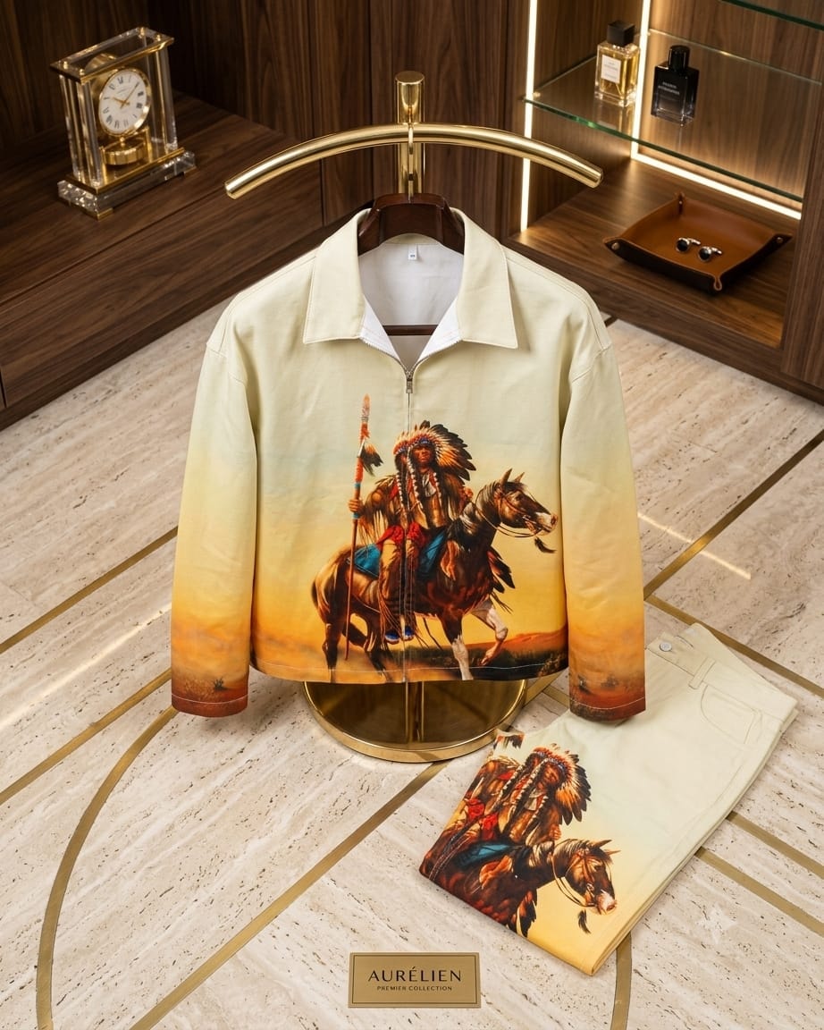 Cream jacket and pants with large Native American warrior on horse print, shown on gold stand.