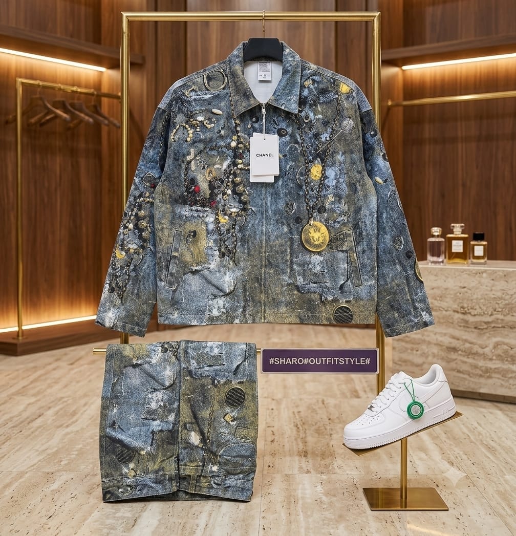 Blue distressed and embellished denim jacket with matching shorts on gold rack beside white sneakers.