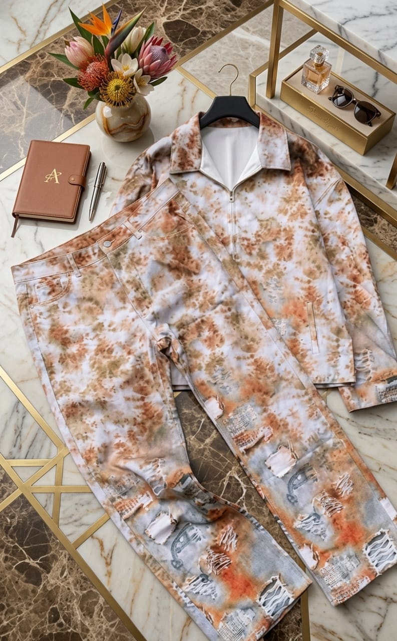 Bleached white, orange and brown two-piece jacket and pants set displayed on marble with accessories.
