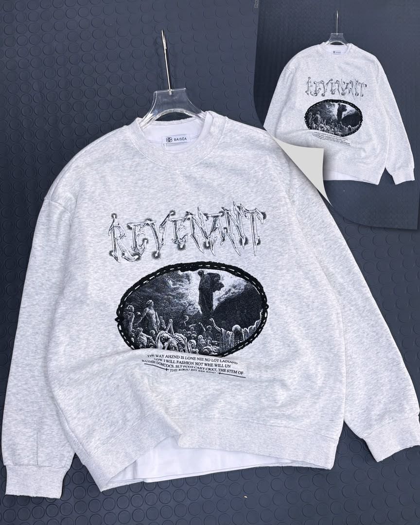 Light gray Revenant sweatshirt with large black graphic and text print on front and back.