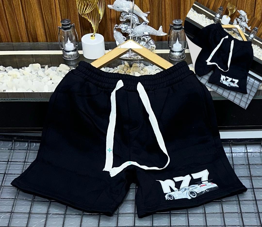 Black fleece shorts with R77 car graphic print.