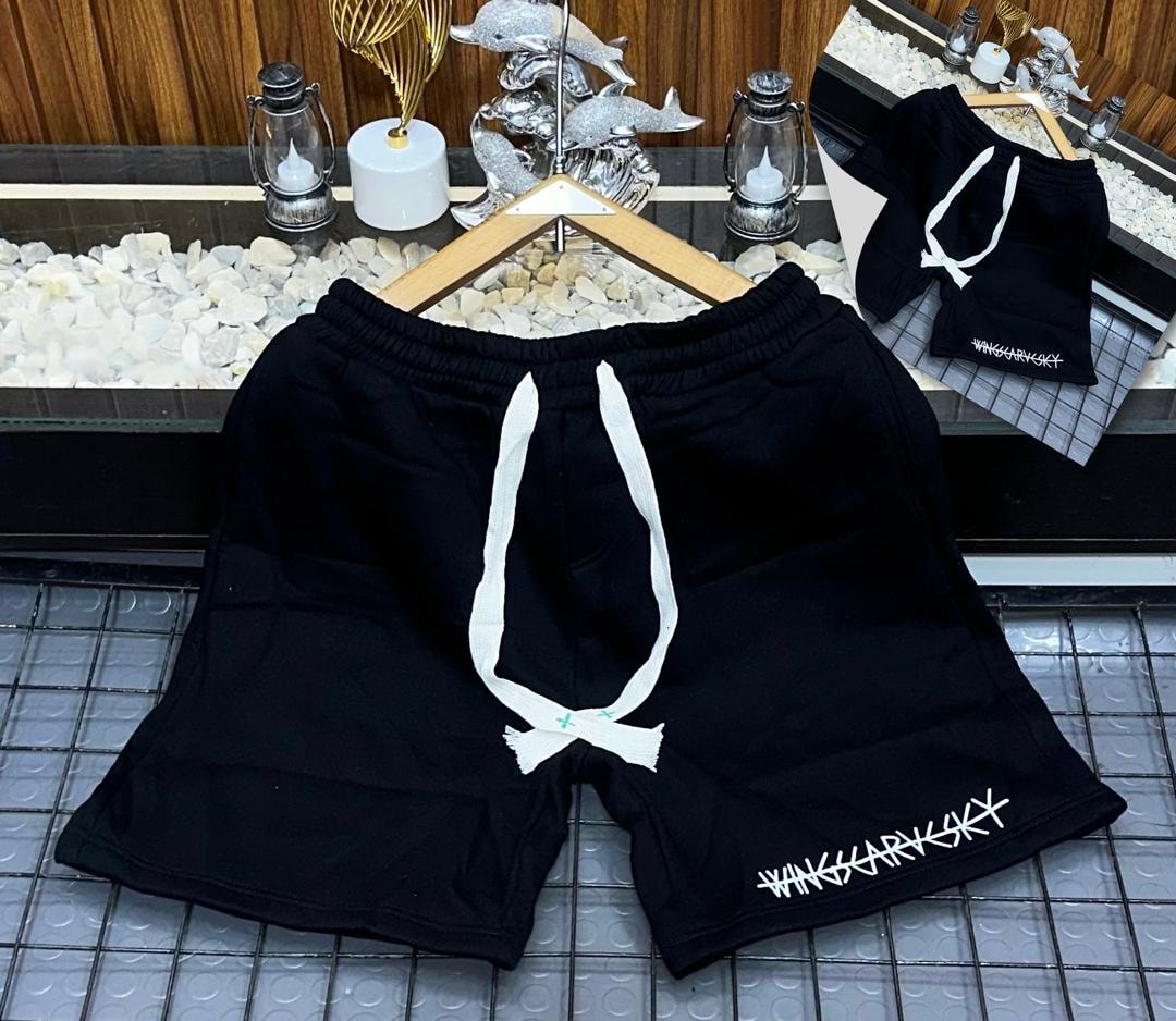 Black fleece shorts with white drawstring and WINGSCARVSKY embroidery on hem.