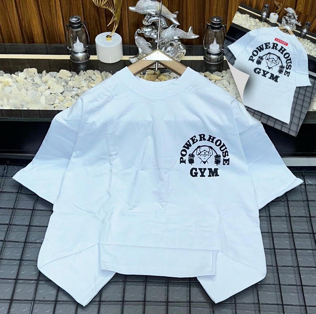 White oversized t-shirt with POWERHOUSE GYM graphic on chest and back inset.