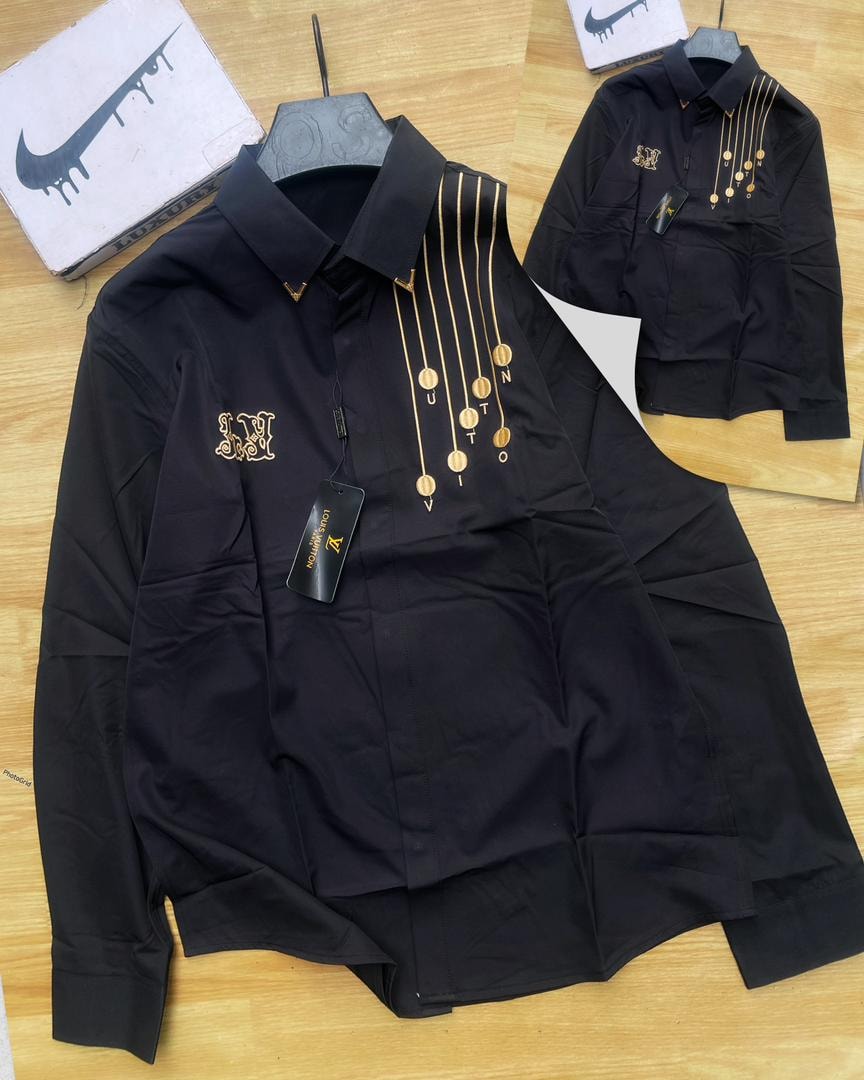 Black Louis Vuitton chain and logo detail long sleeve shirt.