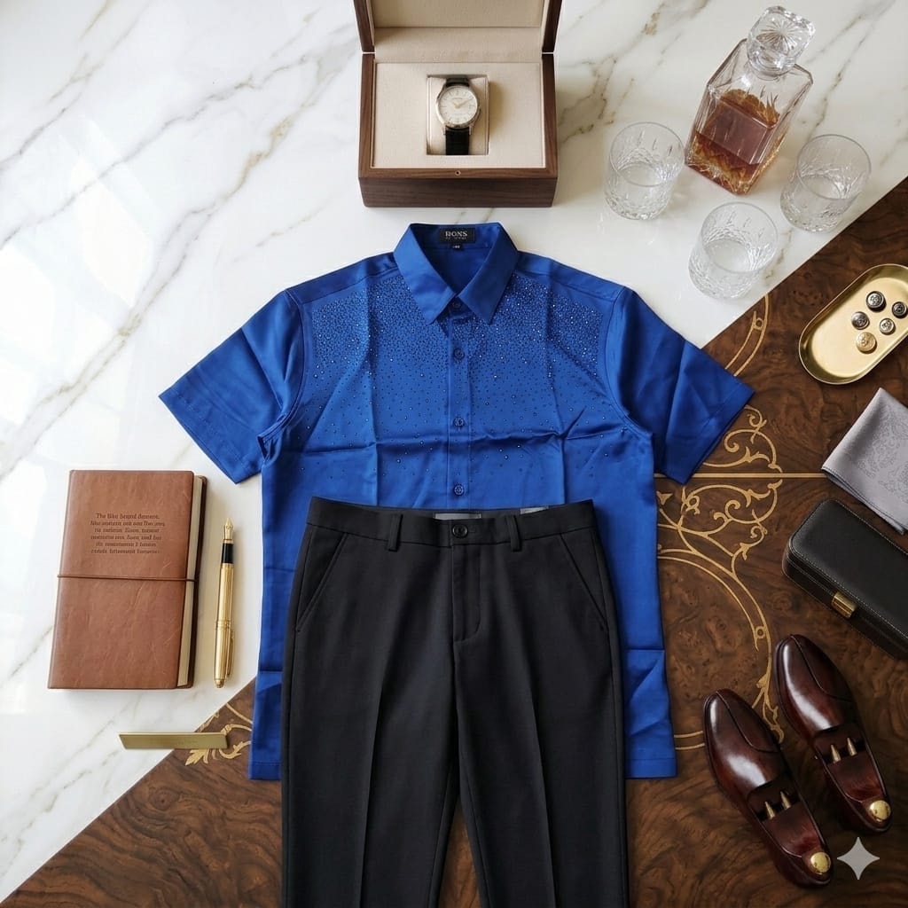 Blue rhinestone short sleeve shirt folded with black trousers on marble surface.