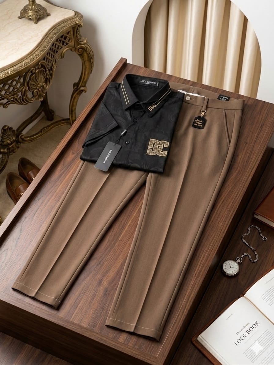 Black patterned short sleeve shirt on brown pleated trousers with accessories.