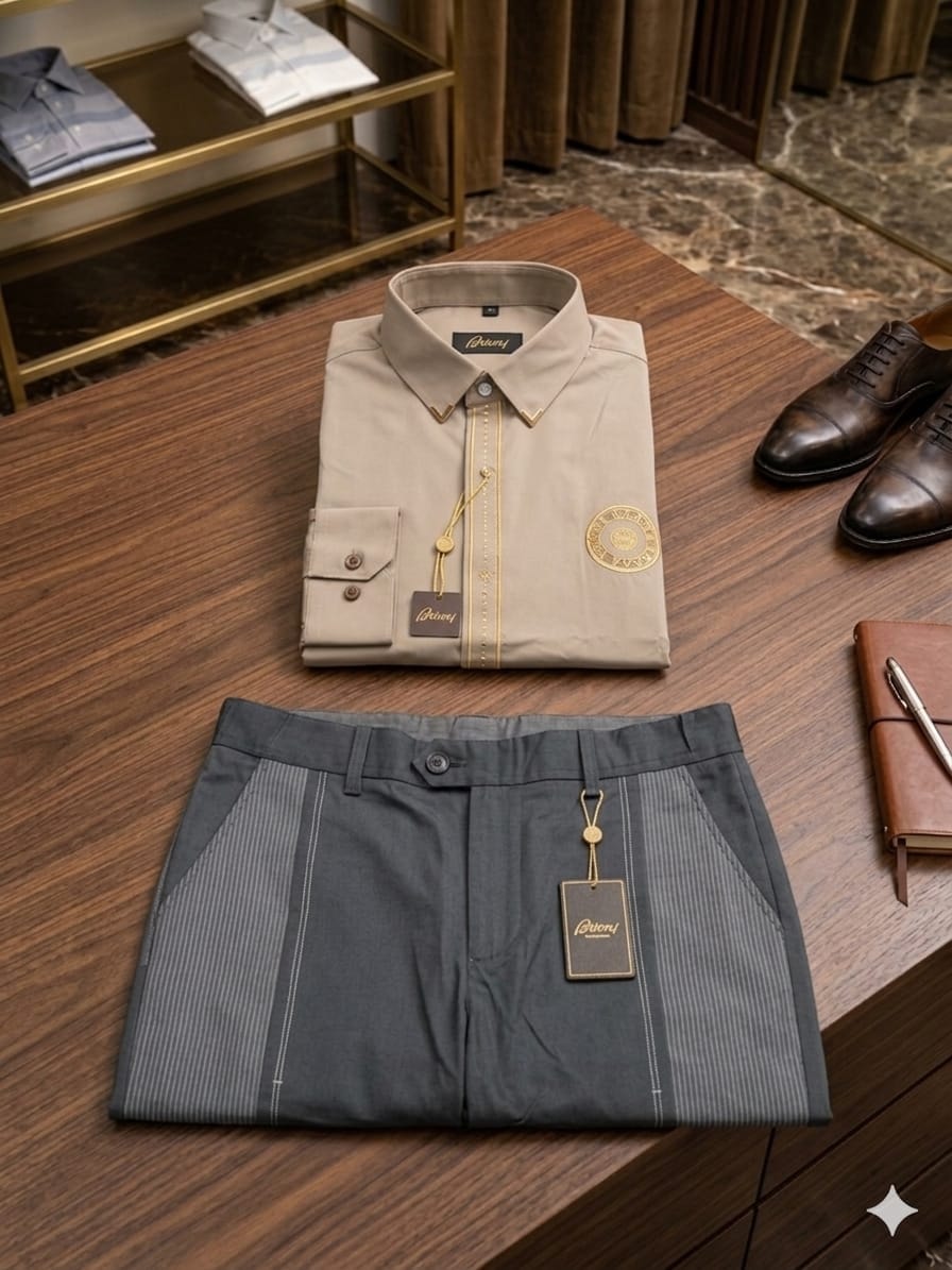 Beige long sleeve shirt with emblem placed above gray striped trousers.