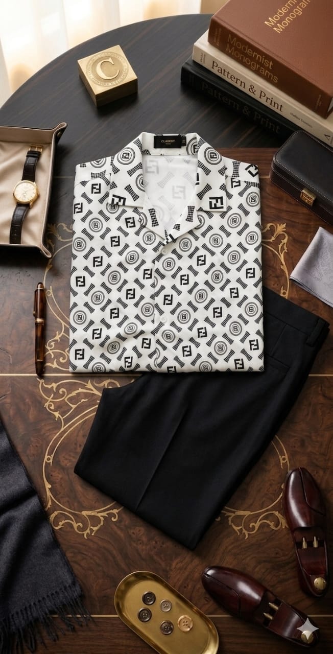 White monogram patterned short sleeve shirt folded with black trousers and props.
