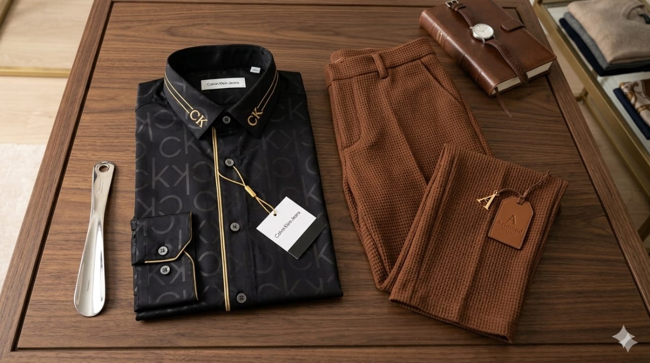 Black monogram shirt with gold trim folded beside brown trousers and accessories.